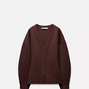 Zara Fitted Waist Plain Knit Brown V-Neck Cardigan